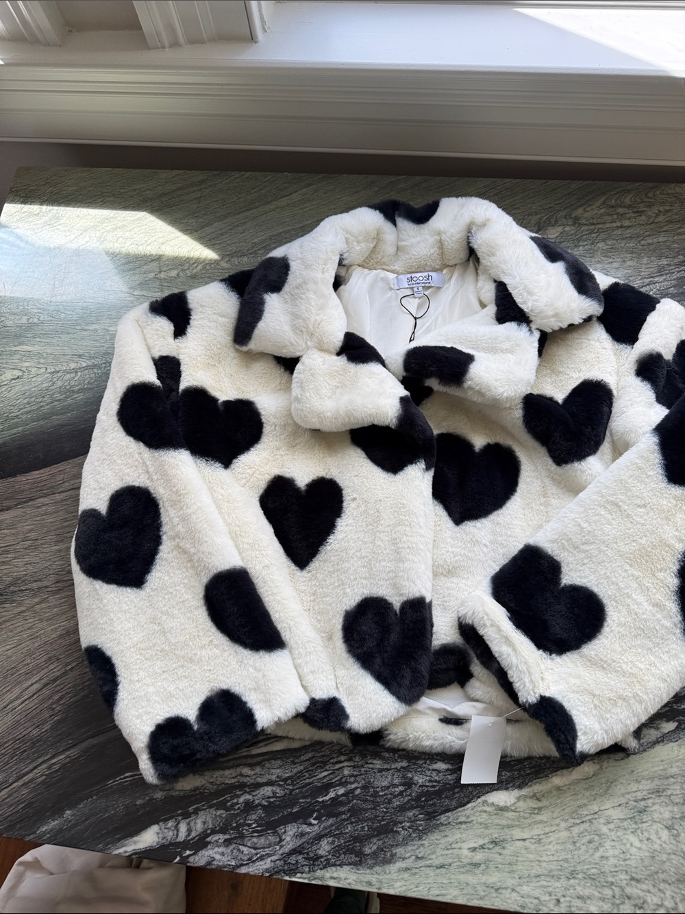 Stoosh Black & White Heart-Print Faux Fur Teddy Jacket